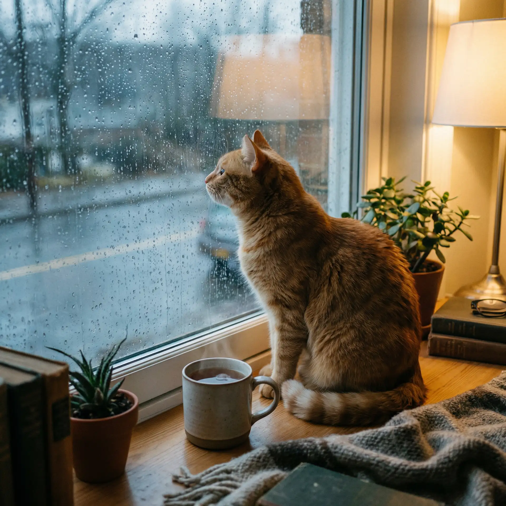 猫咪望着窗外的雨 - 小蘑菇视频